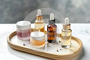 Skin care essence serum bottles with dropper and face cream on wooden cosmetic tray on light background. Vitamins for skin.