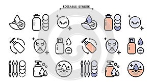Skin care icons set vector illustration. Editable stroke. Contains such icon as aroma, cleaning, treatment, acne, moist and more