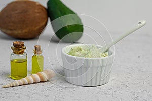 Skin care natural products ingredients for scrub body mask: Avocado, coffee, coconut, oil