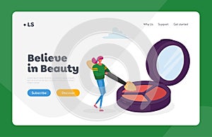 Skin Care Procedure Beauty Salon Landing Page Template. Tiny Female Character Testing Huge Eyeshadow Palette