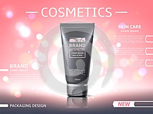Skin care product poster. Beauty skin care products, branded cosmetics promotion banner mockup, pink glitter shiny