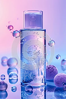 Skin care product shot depicting clean cylindrical pump dispenser with bubbles in the background, health benefits, reflection and