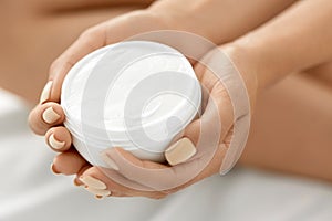 Skin Care Product. Woman's Hands Holding Beauty Cream, Lotion.