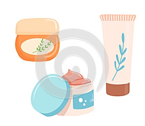Skin care products illustration, body lotion, scrab and cream, liquid soap. Flat cosmetic object in tube with leaf
