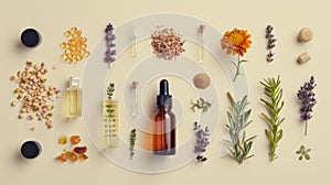 Skin Care products and orange plant leaves on yellow background, flat lay, copy space. Seasonal beauty routine and