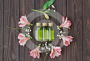 Skin care products and pink flowers