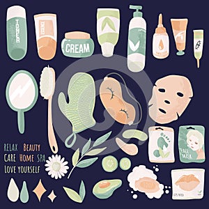 Skin care routine icons. Vector set of Face and body care. Various beauty SPA objects isolated on blue.