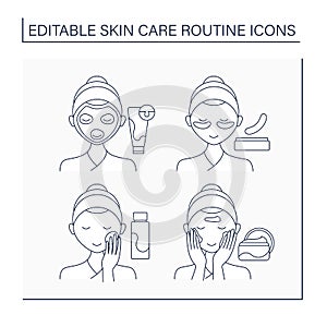 Skin care routine line icons set