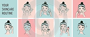 Skin care routine, woman face with a different facial procedures banner