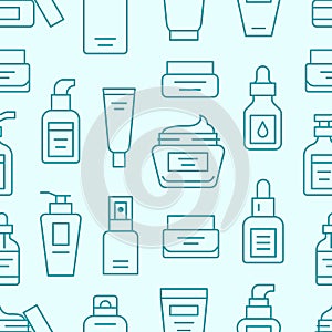 Skin care seamless pattern with line icons. Hyaluronic acid drop, serum, anti ageing compound retinol, moisturizing