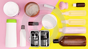 Skin care spa beauty products appear on yellow pink theme. Stop motion