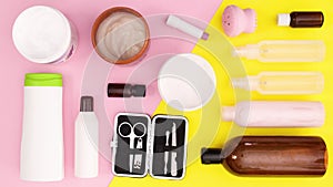 Skin care spa beauty products move one by one on yellow pink theme. Stop motion
