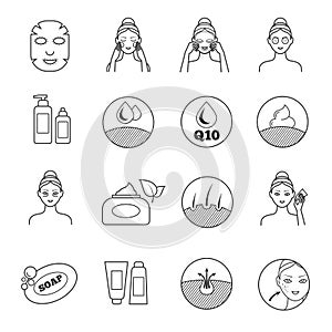 Skin care vector icons. Prevention of aging and eliminating of wrinkle pictograms