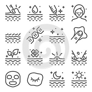 Skin Care Vector Line Icon Set. Contains such Icons as Moisturizing, Face Mask, Dermatology, Collagen, Skin Care and more. Expande