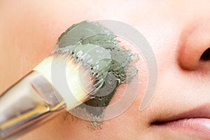 Skin care. Woman applying clay mud mask on face.