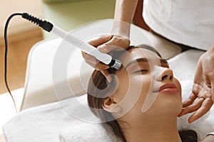 Skin Care. Woman Getting Facial Oxygen Jet Peeling Treatment