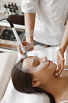 Skin Care. Woman Getting Facial Oxygen Jet Peeling Treatment