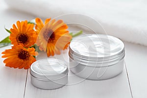 Skin cleansing cosmetic cream with calendula flowers vitamin spa lotion