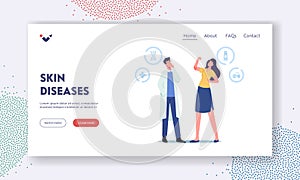 Skin Disease Landing Page Template. Doctor Dermatologist Character Looking on Girl Show Psoriasis Inflammation on Elbow
