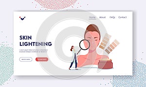 Skin Lightening Landing Page Template. Tiny Cosmetologist Doctor Character with Huge Magnifying Glass and Color Scale