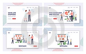 Skin Rash Landing Page Template Set. Tiny Doctors Presenting Infographics Diseases Herpes Zoster, Pityriasis Versicolor