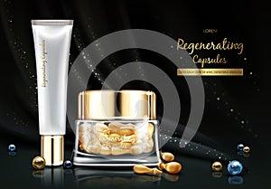 Skin regenerating cosmetics products vector banner