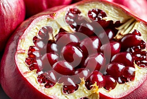 The skin of a ripe pomegranate tears open, revealing its juicy crimson seeds, bursting with flavor and freshness, a