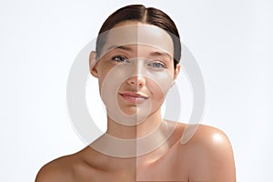 Skin Whitening or Solarium Tanning Conceptual Portrait Photo of Asian Beauty Woman