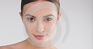 Skincare, beauty and face portrait of a woman in studio for cosmetics, makeup and dermatology mockup product. Aesthetic