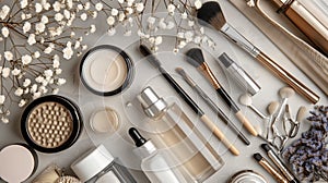 A skincare and beauty flat lay showcasing an array of cosmetic products for self-care routines, AI generated photo