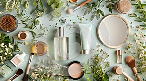 A skincare and beauty flat lay showcasing an array of cosmetic products for self-care routines, AI generated photo