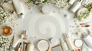 A skincare and beauty flat lay showcasing an array of cosmetic products for self-care routines, AI generated photo