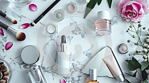 A skincare and beauty flat lay showcasing an array of cosmetic products for self-care routines, AI generated photo