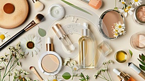 A skincare and beauty flat lay showcasing an array of cosmetic products for self-care routines, AI generated photo