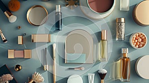 A skincare and beauty flat lay showcasing an array of cosmetic products for self-care routines, AI generated photo