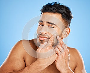 Skincare, beauty and model check for acne breakout, pimple or facial scar after wellness, self care or healthcare