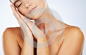 Skincare, beauty and soft skin of woman in studio for natural glow cosmetic product. Aesthetic model person with hands