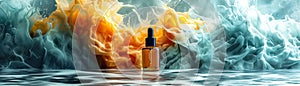 skincare bottle and body care. Ad banner for natural beauty products on foggy paint splash background