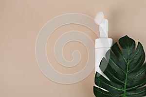 Skincare bottle, facewash dispenser with brush with green leaf on a beige natural background