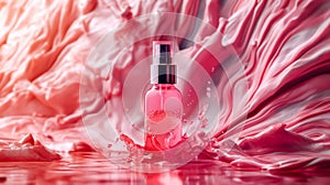 skincare bottle, moisturizing cosmetic serum in transparent bottle with droops in water splashes