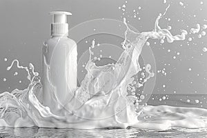 skincare bottle, moisturizing cosmetic serum in transparent bottle with droops in water splashes