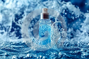 skincare bottle, moisturizing cosmetic serum in transparent bottle with droops in water waves