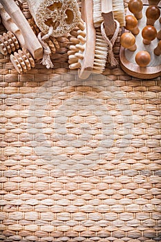 Skincare collection of objects on wicker texture