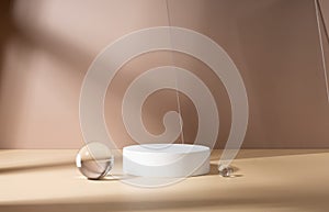 Skincare and cosmetic product showcase stand photography for online marketing include crystal ball and white stand on beige