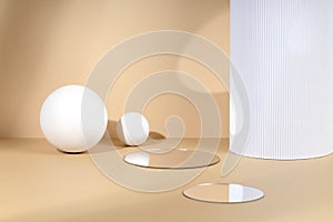 Skincare and cosmetic product showcase stand photography for online marketing include white wood ball and mirror stand on beige