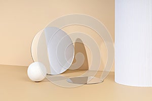Skincare and cosmetic product showcase stand photography for online marketing include white wood ball and mirror stand on beige