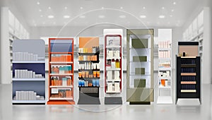 Skincare and Cosmetic products on shelf and POS racks in pharmacy store.