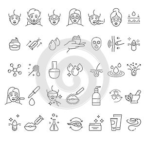 Skincare and cosmetology, beauty therapy and healthcare, isolated linear icons