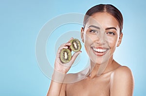 Skincare, kiwi and portrait of beauty woman with natural smile and healthy glow for marketing. Wellness, happy and self