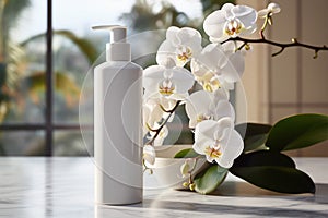 Skincare lotion stands beside a delicate white orchid flower